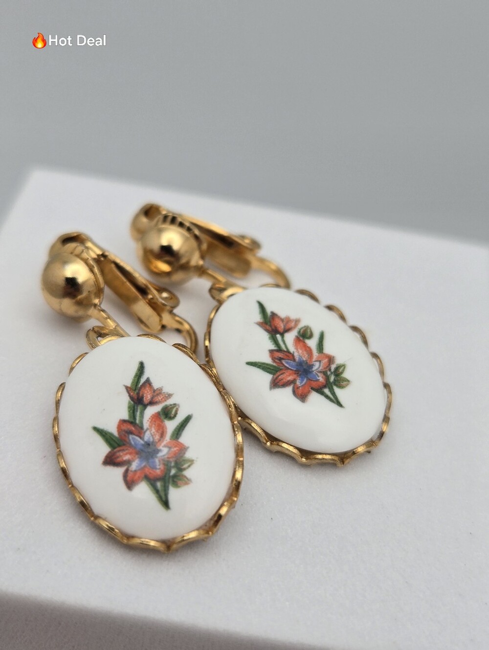 Floral Cameo Clip On Earrings Pink Rose Gold Tone Victorian 1" Vintage